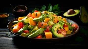 Photo of Papaya and Avocado Salad as a dish in a high-end restaurant. Generative AI