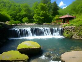 beautiful view of the nature waterfall in the mountains photo