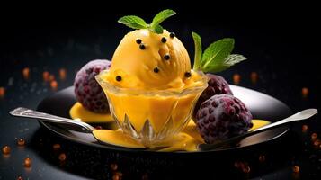Photo of Passion Fruit Sorbet as a dish in a high-end restaurant. Generative AI