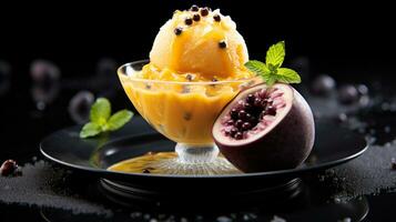 foto de pasión Fruta sorbete como un plato en un gama alta restaurante. generativo ai