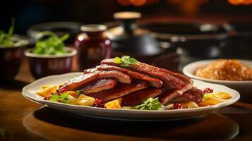 Photo of Peking Duck as a dish in a high-end restaurant. Generative AI