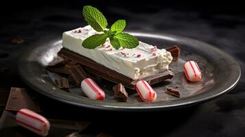 Photo of Peppermint Bark as a dish in a high-end restaurant. Generative AI