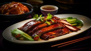 Photo of Peking Duck as a dish in a high-end restaurant. Generative AI