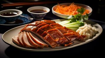 Photo of Peking Duck as a dish in a high-end restaurant. Generative AI