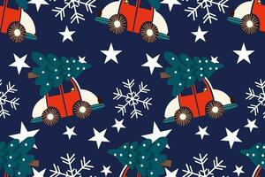 Christmas seamless pattern on navy blue background.seamless pattern of car,tree,snowflakes,star.cartoon hand drawn vector illustration.merry Christmas concept.design for texture,fabric,clothing,print.