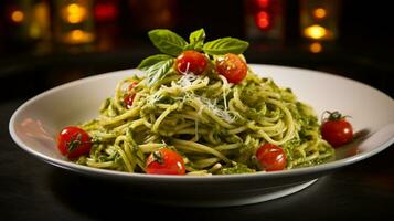 Photo of Pesto Pasta with Cherry Tomatoes as a dish in a high-end restaurant. Generative AI