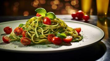 foto de pesto pasta con Cereza Tomates como un plato en un gama alta restaurante. generativo ai