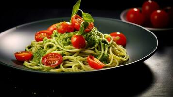 Photo of Pesto Pasta with Cherry Tomatoes as a dish in a high-end restaurant. Generative AI