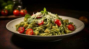 Photo of Pesto Pasta Salad as a dish in a high-end restaurant. Generative AI