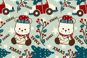 Christmas seamless pattern on green background.seamless pattern of polar bear,berries,tree,car,star.cartoon character hand drawn vector illustration.design for texture,fabric,clothing,wrapping paper.