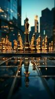 Skyscrapers surround chess pieces, born from Generative AIs brilliance Vertical Mobile Wallpaper AI Generated photo