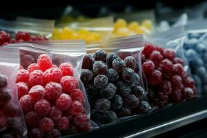 Frozen berries stored in plastic bags, neatly arranged on a supermarket shelf AI Generated photo