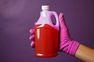 Hand holding detergent container, featured in a professional studio backdrop AI Generated photo