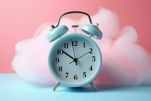 Creative alarm clock on pastel pink-blue backdrop, embodying minimal pastel trend. AI Generated photo