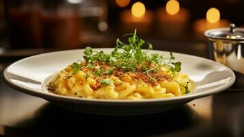 Photo of Macaroni and Cheese as a dish in a high-end restaurant. Generative AI