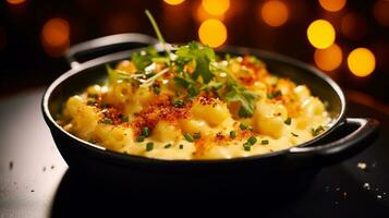 Photo of Macaroni and Cheese as a dish in a high-end restaurant. Generative AI