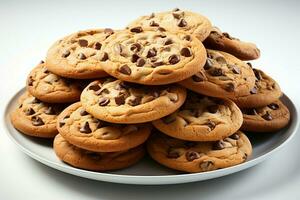 irresistible chocolate chip galletas arreglado en un limpio, brillante blanco antecedentes ai generado foto