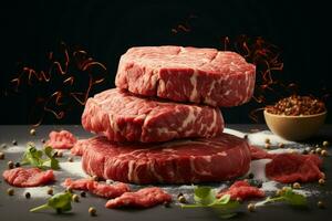 Meat patties image with beef label atop, accentuating their key ingredient AI Generated photo