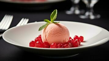 foto de lychee sorbete como un plato en un gama alta restaurante. generativo ai