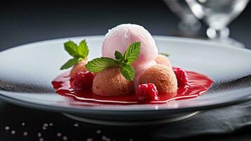 Photo of Lychee Sorbet as a dish in a high-end restaurant. Generative AI