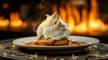 Photo of Baked Alaska as a dish in a high-end restaurant. Generative AI