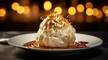 Photo of Baked Alaska as a dish in a high-end restaurant. Generative AI