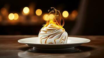 Photo of Baked Alaska as a dish in a high-end restaurant. Generative AI