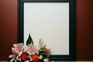 A blank frame rests on a polished surface, accompanied by a fresh flower AI Generated photo