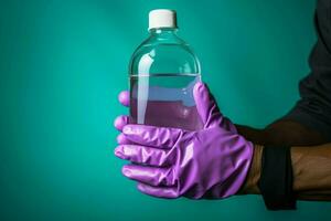 Close up of a person holding a detergent bottle in a studio setting AI Generated photo