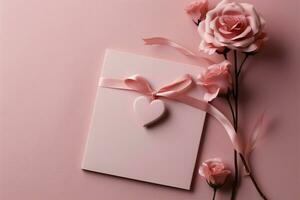 A romantic paper greeting card adorned with a heart ornament and pink flower AI Generated photo