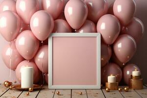 Birthday elegance flat lay of pastel pink table, balloonframed frame, and confetti AI Generated photo