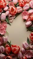 A delightful frame of tulips and rose, offering room for text Vertical Mobile Wallpaper AI Generated photo