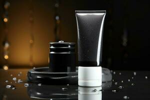 Refined appeal Mockup highlights mens skincare product in dark, chic container AI Generated photo