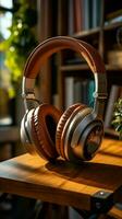 Virtual language learning, audiobooks concept, books and headphones on display Vertical Mobile Wallpaper AI Generated photo