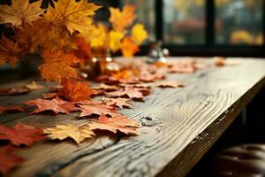 de madera mesa adornado con otoño arce hojas, formando un pintoresco que cae hojas escena ai generado foto