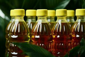 eco simpático palma petróleo botella modelo en un supermercado, promoviendo sostenible compras ai generado foto