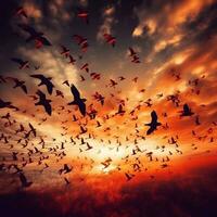 Dramatic flock of birds flying in the sunset, created with generative AI photo