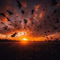 Dramatic flock of birds flying in the sunset, created with generative AI photo