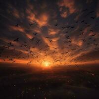 Dramatic flock of birds flying in the sunset, created with generative AI photo