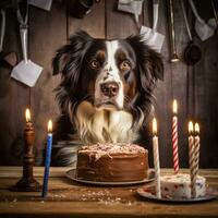 Dog celebrating birthday with cake and candles, created with generative AI photo