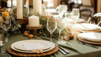 Sage green holiday tablescape, formal dinner table setting, table scape with decoration for wedding party and event celebration, generative ai photo