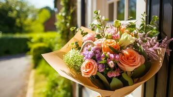 Flower shop delivery and holiday gift postal service, beautiful bouquet of flowers on a house doorstep in the countryside, generative ai photo