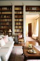 Home library decor, sitting room and interior design, white living room with sofa, bookcase and bookshelves in English country house and elegant cottage style, generative ai photo