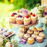 Cupcakes, cakes, scones and muffins and holiday decoration outdoors at the English country style garden, sweet desserts for wedding, birthday or party celebration, generative ai photo