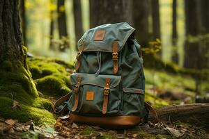 Backpack near a tree, illustrating the essence of a forest hike AI Generated photo