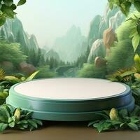 Round green podium scene in jungle tropical leaves. Generative AI photo