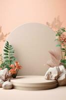 Empty podium made of pastel beige pink stone. Scene, stand with flowers. Generative AI photo