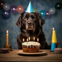 Dog celebrating birthday with cake and candles, created with generative AI photo