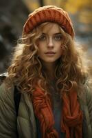 Portrait of young woman in autumn park, created with generative AI photo