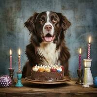 Dog celebrating birthday with cake and candles, created with generative AI photo